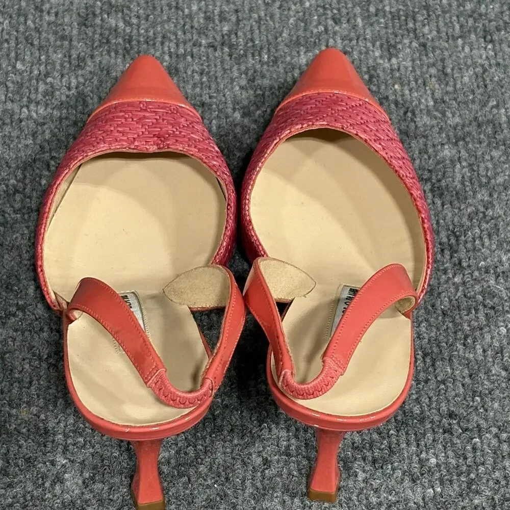 Manolo Blahnik Slingback Heels Womens 5 Pink Capsli Raffia Leather Italy Shoes